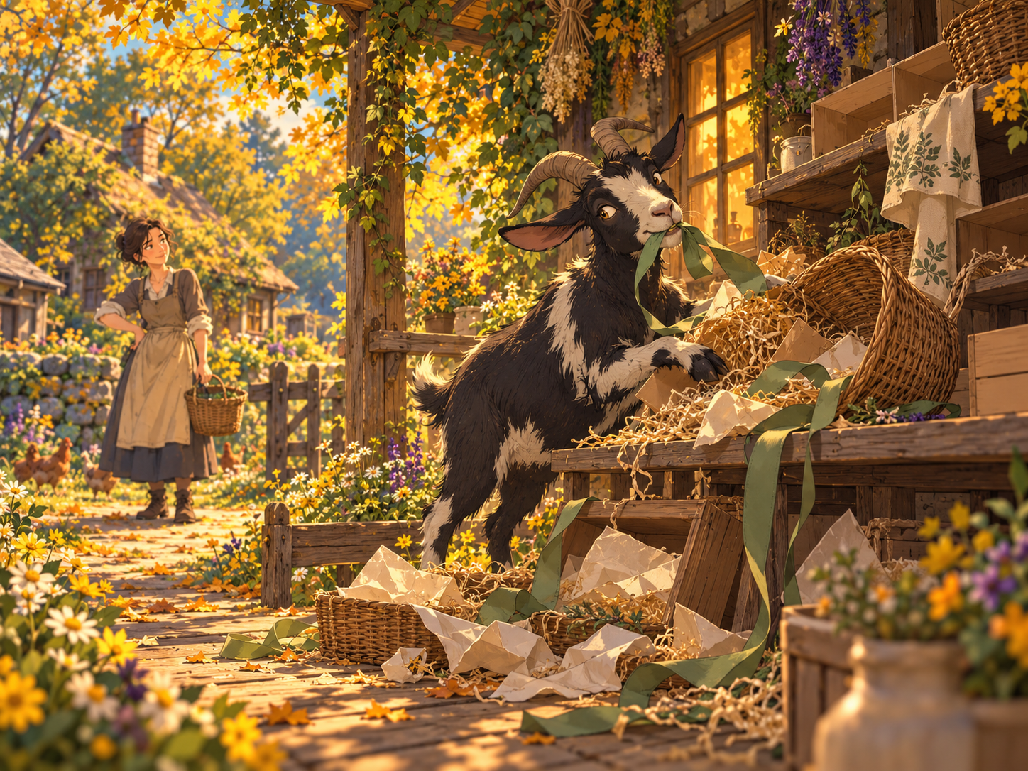 His Lordship, a black-and-white goat, raids a basket of herbs and supplies while Cassandra looks on.