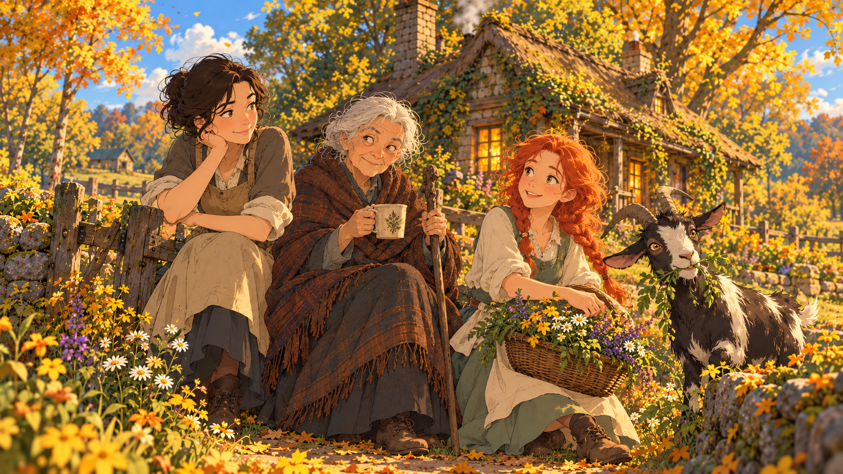 Cassandra, Agnes and Elspeth relax together in the cottage garden with His Lordship, a black-and-white goat.