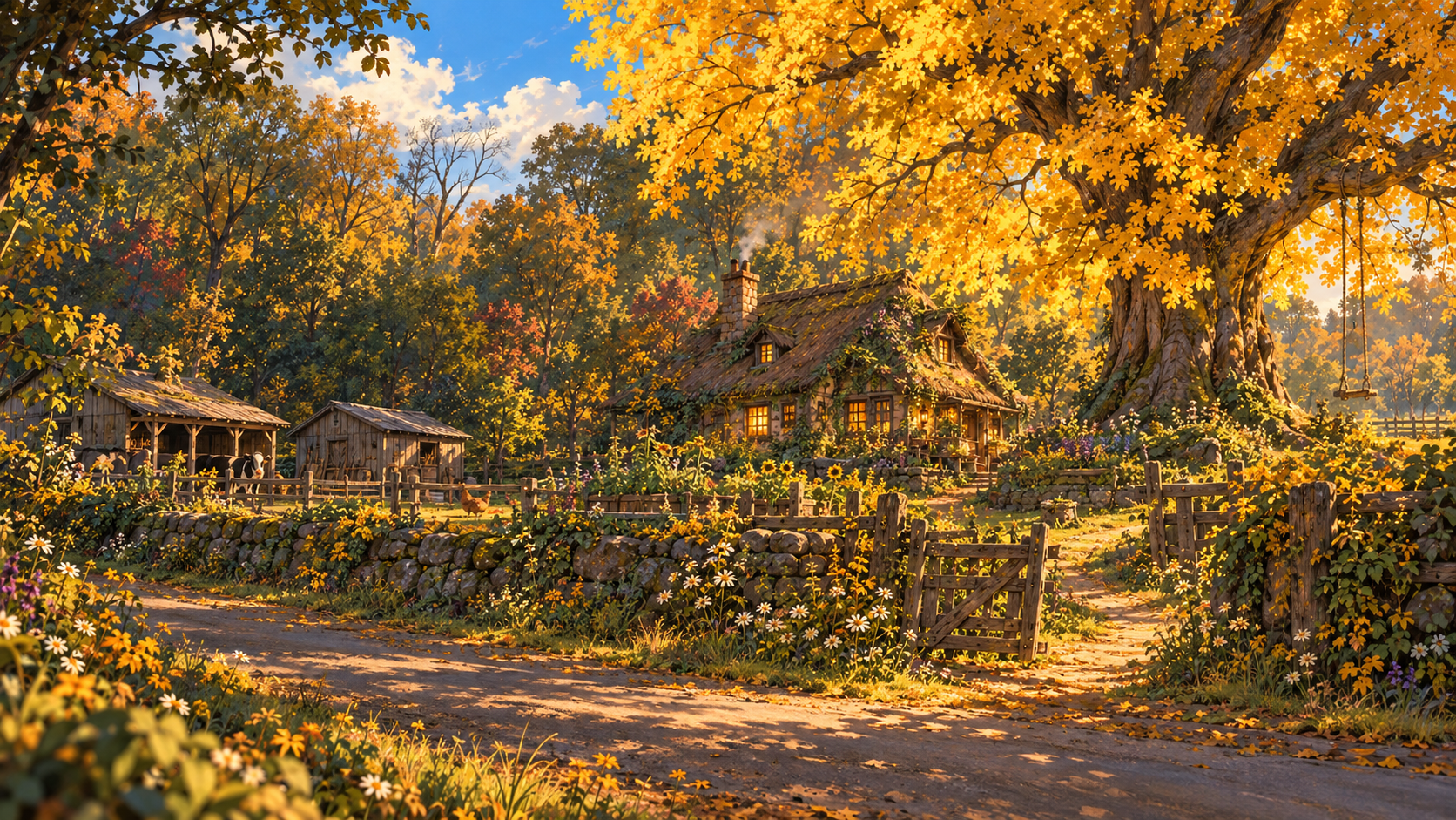 An aging thatched cottage nestles among yellow autumn trees beside a rough road, stone wall and crooked gate.
