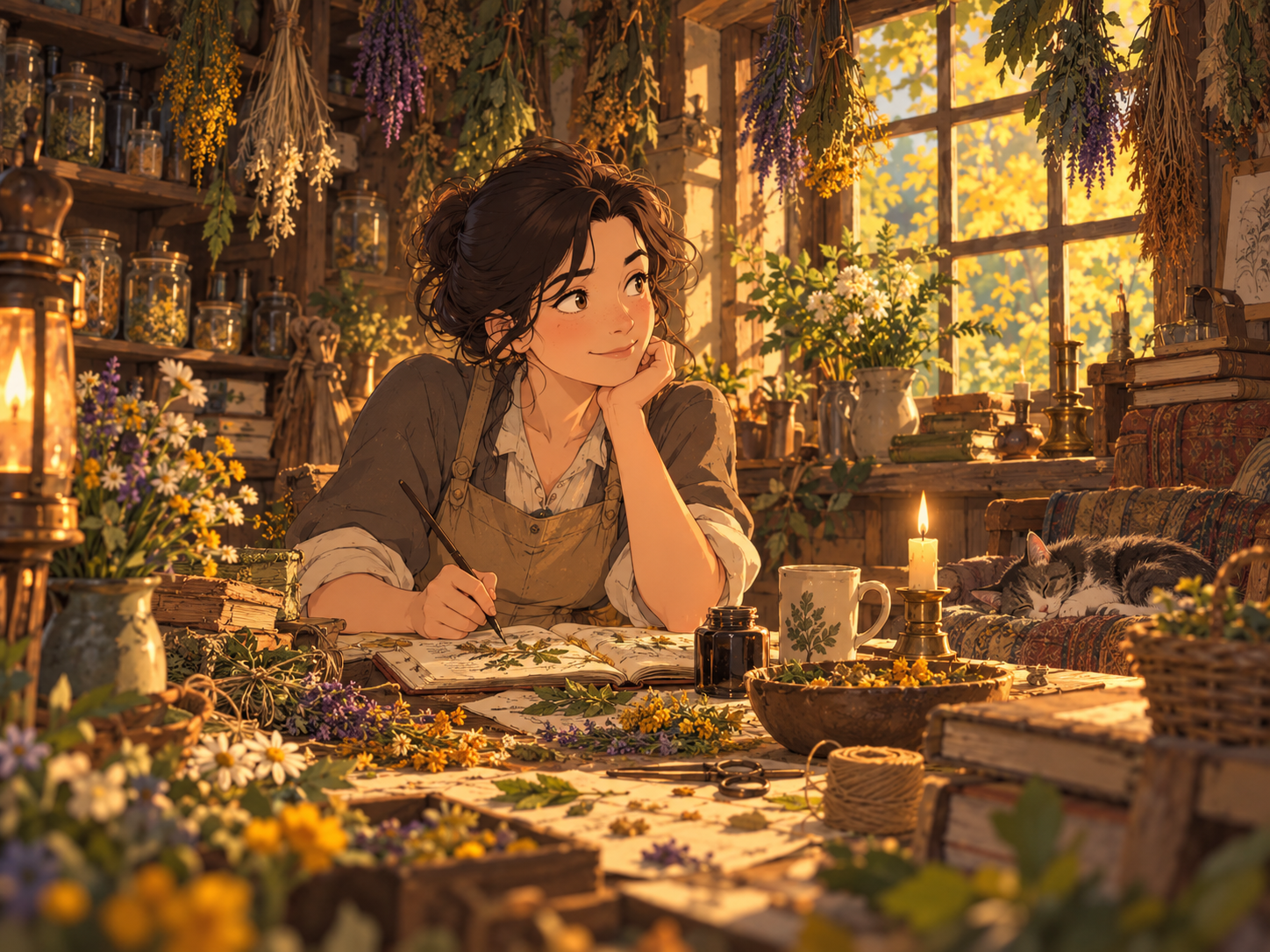Cassandra writes at a wooden worktable surrounded by dried herbs, books and flowers in her warm cottage.