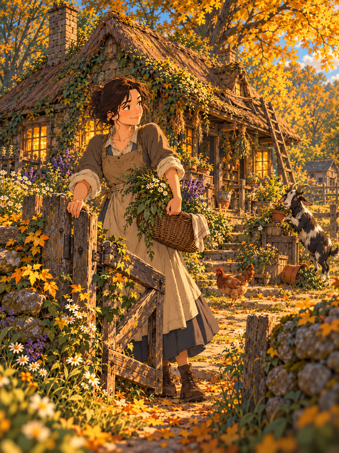 Cassandra stands by the crooked cottage gate with a basket of herbs as the goat investigates a nearby plant pot.